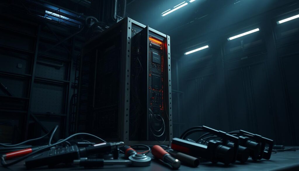 A dark, industrial setting with a towering Edge device casting an ominous presence. Intricate circuitry and wiring protrude from its sleek, metallic chassis, hinting at the complex vulnerabilities within. The device is illuminated by a faint, ominous glow, casting long shadows across the dimly lit environment. In the foreground, various hacking tools and exploits are strewn about, suggesting the insidious nature of the threats facing this Edge system. The atmosphere is tense, foreboding, and urges the viewer to consider the unique challenges of securing these critical remote monitoring infrastructures. A dark, industrial setting with a towering Edge device casting an ominous presence. Intricate circuitry and wiring protrude from its sleek, metallic chassis, hinting at the complex vulnerabilities within. The device is illuminated by a faint, ominous glow, casting long shadows across the dimly lit environment. In the foreground, various hacking tools and exploits are strewn about, suggesting the insidious nature of the threats facing this Edge system. The atmosphere is tense, foreboding, and urges the viewer to consider the unique challenges of securing these critical remote monitoring infrastructures.