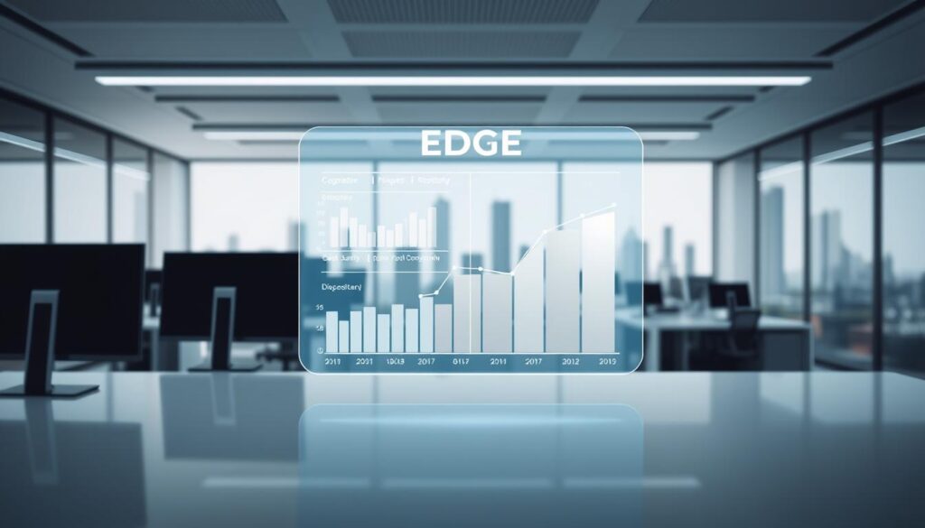 A detailed and insightful edge ROI cost-benefit analysis, depicted in a sleek, minimalist style. In the foreground, a holographic display shows comparative data visualizations, graphically illustrating the direct and indirect cost savings of edge computing investments. The middle ground features a clean, modern office setting with monitors and workstations, conveying a professional, analytical atmosphere. The background showcases a futuristic cityscape, hinting at the broader technological and infrastructural implications of edge computing. Soft, directional lighting accentuates the crisp lines and subtle gradients, creating a sense of depth and emphasizing the analytical, data-driven nature of the scene.