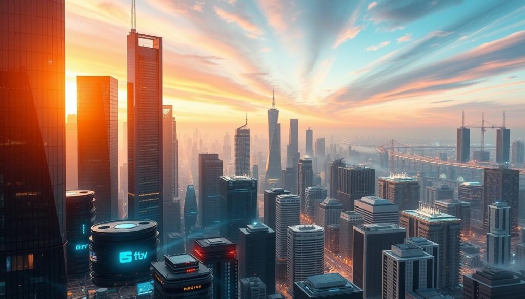 A futuristic cityscape with a hybrid edge-cloud computing infrastructure. In the foreground, sleek edge devices and IoT sensors nestled among the skyscrapers, their blinking lights and sensors capturing real-time data. In the middle ground, a network of data cables and wireless transmitters weaving between the buildings, relaying information to the cloud. The background features a sprawling data center, its server racks and cooling towers silhouetted against a vibrant, dynamic sky. Diffused lighting casts a warm, technological glow, creating an atmosphere of seamless connectivity and remote monitoring capabilities. The scene conveys the seamless integration of edge and cloud technologies, powering reliable and efficient remote monitoring solutions.