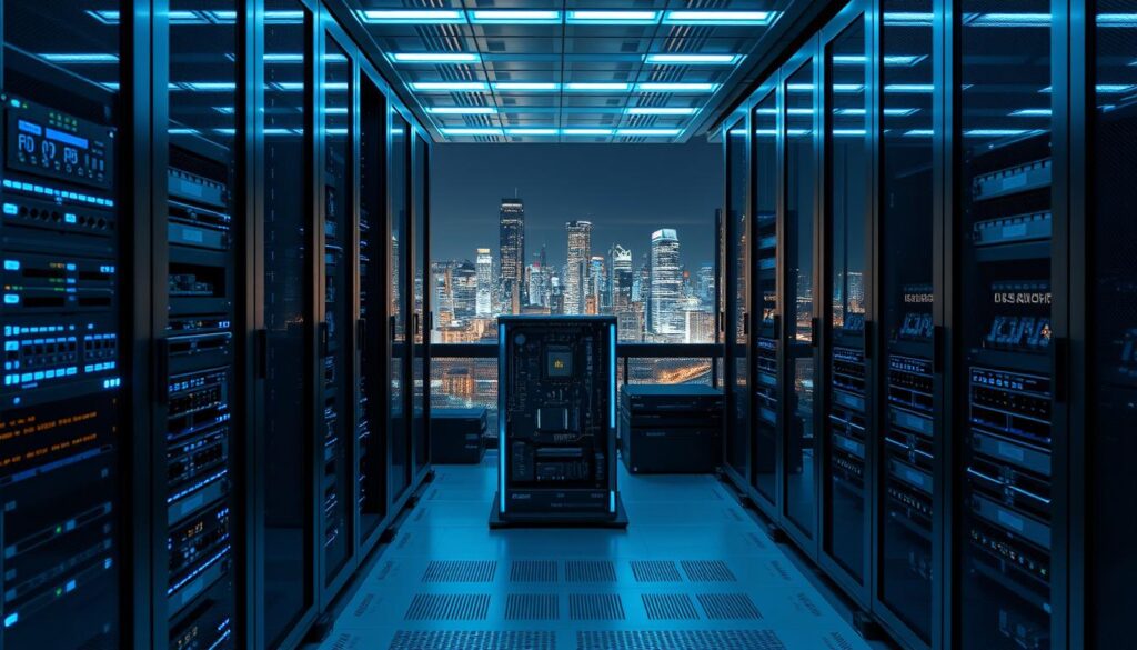 A futuristic data center server rack, illuminated by cool LED lighting, showcasing various edge computing hardware components. In the foreground, a sleek industrial-style enclosure houses a powerful edge processing unit, surrounded by a matrix of sensor modules and wireless connectivity modules. In the middle ground, high-performance solid-state drives and network switches are neatly arranged, while in the background, a panoramic view of a cityscape at night provides a sense of scale and context. The overall scene conveys the seamless integration of edge hardware essentials within a modern, efficient, and technologically advanced data processing ecosystem. A futuristic data center server rack, illuminated by cool LED lighting, showcasing various edge computing hardware components. In the foreground, a sleek industrial-style enclosure houses a powerful edge processing unit, surrounded by a matrix of sensor modules and wireless connectivity modules. In the middle ground, high-performance solid-state drives and network switches are neatly arranged, while in the background, a panoramic view of a cityscape at night provides a sense of scale and context. The overall scene conveys the seamless integration of edge hardware essentials within a modern, efficient, and technologically advanced data processing ecosystem.