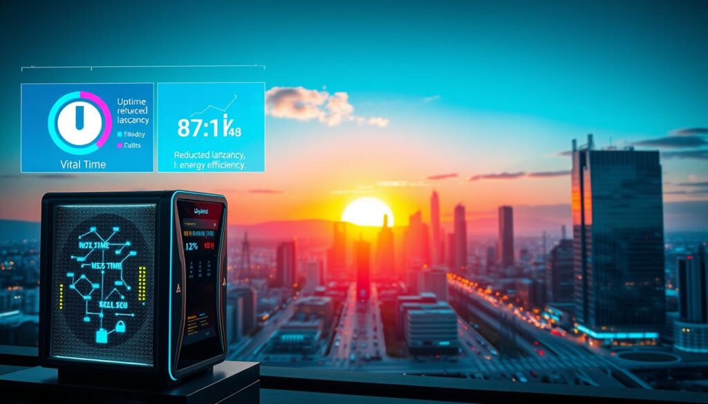 A futuristic, high-tech scene depicting the benefits of edge computing uptime. In the foreground, a sleek edge computing device stands resolute, its lights pulsing with vital data. Surrounding it, a holographic display showcases real-time performance metrics - uptime, reduced latency, and energy efficiency. In the middle ground, a cityscape of gleaming skyscrapers and bustling streets is powered by a reliable, low-latency edge network. The background is illuminated by a vibrant, neon-tinged sunset, casting a warm glow over the entire scene and symbolizing the always-on, always-connected nature of edge computing. Cinematic lighting and depth of field create a sense of depth and grandeur, emphasizing the transformative impact of edge computing on modern infrastructure.