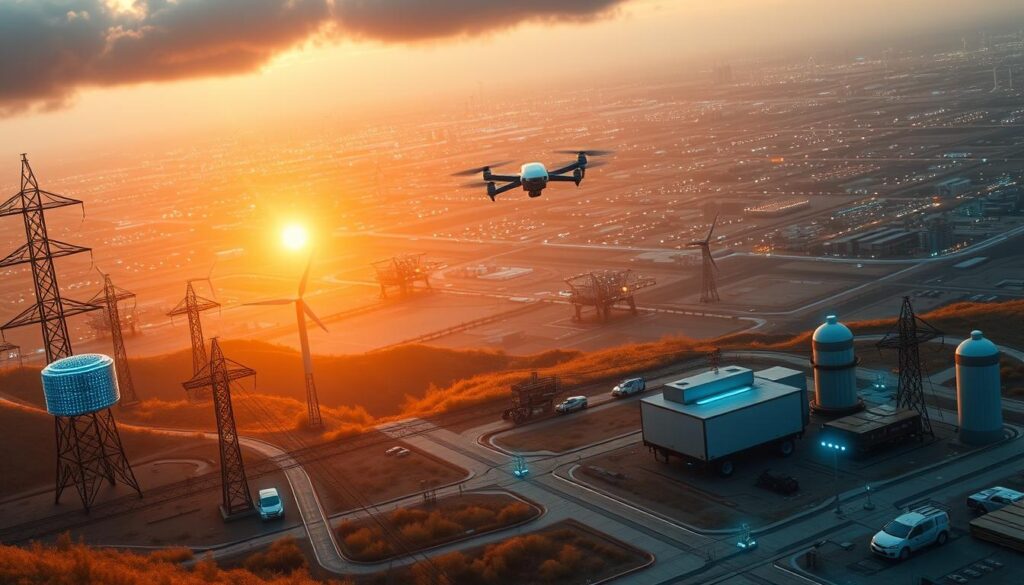 A futuristic industrial landscape showcasing the real-world applications of edge computing. In the foreground, a network of sensors and IoT devices monitor critical infrastructure like power lines, wind turbines, and oil rigs. Sleek data centers and edge processing nodes are strategically placed, their cool blue lights contrasting with the warm glow of the sunset. In the middle ground, autonomous drones and vehicles navigate the terrain, transmitting real-time data back to the command center. The background features a vast, sprawling cityscape, where edge computing enables reliable remote monitoring and predictive maintenance across energy, utilities, and logistics sectors. The scene is bathed in a warm, cinematic lighting, conveying a sense of technological prowess and industrial innovation.