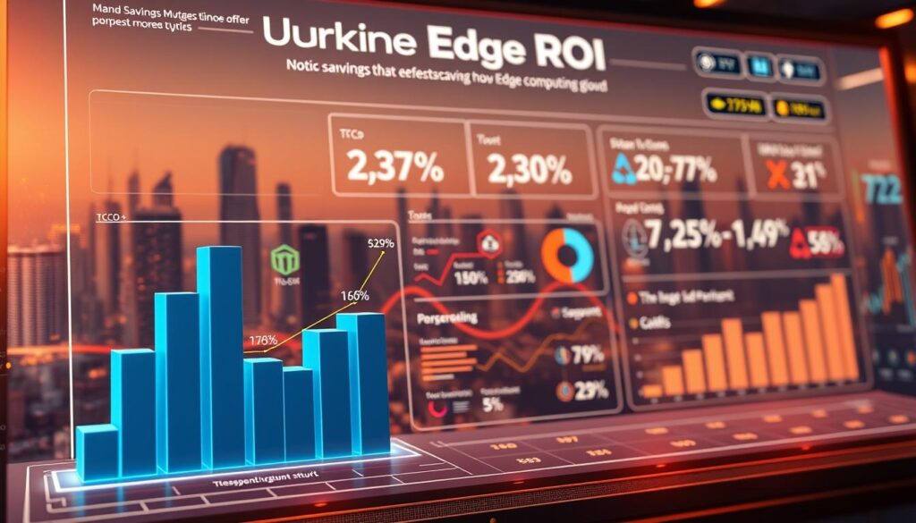 A high-tech digital dashboard displays a detailed financial analysis of "Measuring Edge ROI". In the foreground, a sleek 3D bar chart visualizes the key metrics, showcasing the cost savings and return on investment of edge computing compared to cloud-based solutions. The middle ground features interactive infographics and data visualizations, guiding the viewer through the TCO and ROI calculations. The background depicts a stylized cityscape, with glowing skyscrapers and a futuristic urban landscape, symbolizing the cutting-edge technology powering the edge computing revolution. The overall scene is illuminated by a warm, amber-toned lighting, creating a sense of sophistication and strategic decision-making. A high-tech digital dashboard displays a detailed financial analysis of "Measuring Edge ROI". In the foreground, a sleek 3D bar chart visualizes the key metrics, showcasing the cost savings and return on investment of edge computing compared to cloud-based solutions. The middle ground features interactive infographics and data visualizations, guiding the viewer through the TCO and ROI calculations. The background depicts a stylized cityscape, with glowing skyscrapers and a futuristic urban landscape, symbolizing the cutting-edge technology powering the edge computing revolution. The overall scene is illuminated by a warm, amber-toned lighting, creating a sense of sophistication and strategic decision-making.