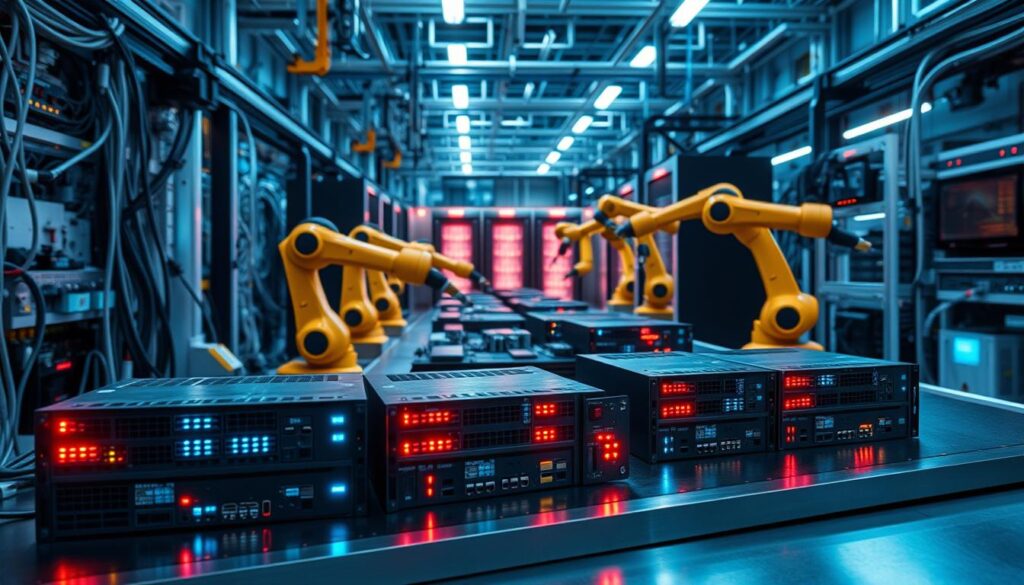 A high-tech manufacturing facility, with a focus on edge hardware essentials. In the foreground, a sleek industrial workbench displays an array of state-of-the-art edge computing devices, their LED indicators pulsing with data. In the middle ground, robotic arms meticulously assemble and test these components, their movements choreographed with precision. The background features a complex network of cables, servers, and cooling systems, all bathed in a cool, blue-tinged lighting that lends an air of technical sophistication. The overall scene conveys the power and performance of edge computing in a modern manufacturing environment. A high-tech manufacturing facility, with a focus on edge hardware essentials. In the foreground, a sleek industrial workbench displays an array of state-of-the-art edge computing devices, their LED indicators pulsing with data. In the middle ground, robotic arms meticulously assemble and test these components, their movements choreographed with precision. The background features a complex network of cables, servers, and cooling systems, all bathed in a cool, blue-tinged lighting that lends an air of technical sophistication. The overall scene conveys the power and performance of edge computing in a modern manufacturing environment.