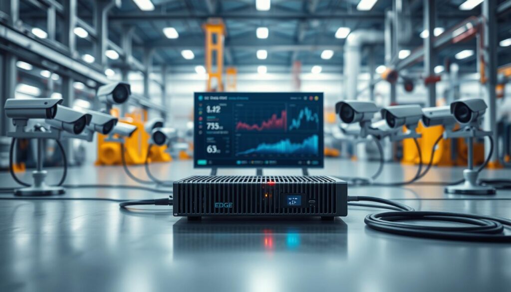 A remote monitoring system set against the backdrop of a sleek, modern industrial facility. In the foreground, a compact edge computing device stands vigilant, its crisp lines and metallic casing hinting at its powerful processing capabilities. Surrounding it, a network of sensors and cameras capture real-time data, their angular forms and LED indicators suggesting low latency and high bandwidth. In the middle ground, a digital dashboard displays vital information, the interface clean and intuitive. The lighting is cool and precise, emphasizing the technological prowess of the setup. The overall atmosphere conveys a sense of efficiency, control, and the seamless integration of edge computing into the modern industrial landscape. A remote monitoring system set against the backdrop of a sleek, modern industrial facility. In the foreground, a compact edge computing device stands vigilant, its crisp lines and metallic casing hinting at its powerful processing capabilities. Surrounding it, a network of sensors and cameras capture real-time data, their angular forms and LED indicators suggesting low latency and high bandwidth. In the middle ground, a digital dashboard displays vital information, the interface clean and intuitive. The lighting is cool and precise, emphasizing the technological prowess of the setup. The overall atmosphere conveys a sense of efficiency, control, and the seamless integration of edge computing into the modern industrial landscape.