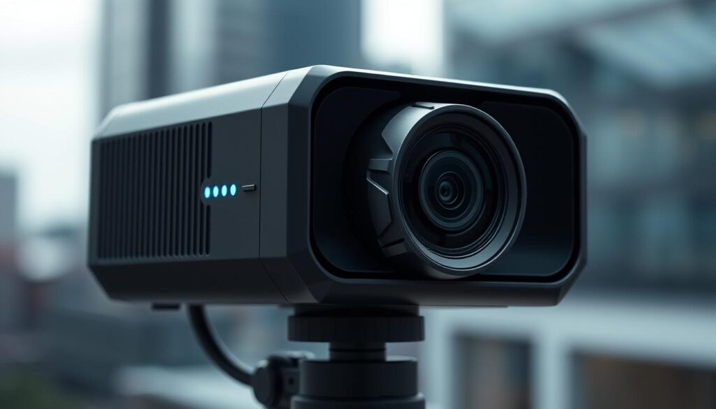 A sleek, futuristic edge device for remote monitoring applications, capturing sensor data and relaying it seamlessly to the cloud. The device is encased in a minimalist, matte black housing with clean lines and a subtle blue LED indicator. It is mounted on a swivel base, allowing for precise positioning and adjustment. The camera lens protrudes slightly, capturing high-resolution footage with a wide-angle, fish-eye perspective. Soft, diffused lighting illuminates the device, creating a sense of technical sophistication. The background is a blurred, out-of-focus cityscape, hinting at the device's connectivity and integration with the larger urban ecosystem. The overall mood is one of efficiency, innovation, and the seamless convergence of edge and cloud computing. A sleek, futuristic edge device for remote monitoring applications, capturing sensor data and relaying it seamlessly to the cloud. The device is encased in a minimalist, matte black housing with clean lines and a subtle blue LED indicator. It is mounted on a swivel base, allowing for precise positioning and adjustment. The camera lens protrudes slightly, capturing high-resolution footage with a wide-angle, fish-eye perspective. Soft, diffused lighting illuminates the device, creating a sense of technical sophistication. The background is a blurred, out-of-focus cityscape, hinting at the device's connectivity and integration with the larger urban ecosystem. The overall mood is one of efficiency, innovation, and the seamless convergence of edge and cloud computing.