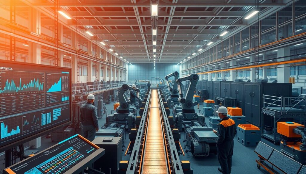 A sleek, futuristic industrial facility with a central control room overlooking a network of connected machines and sensors. Warm, diffused lighting casts a glow over the scene, creating a sense of technological harmony. In the foreground, a large display panel showcases real-time monitoring data, with various metrics and visualizations updating in sync. Towering robotic arms and conveyor belts occupy the middle ground, their precise movements choreographed by an edge computing system. The background reveals the expansive production floor, where workers in protective gear oversee the automated processes. The atmosphere conveys efficiency, innovation, and the seamless integration of human and machine.