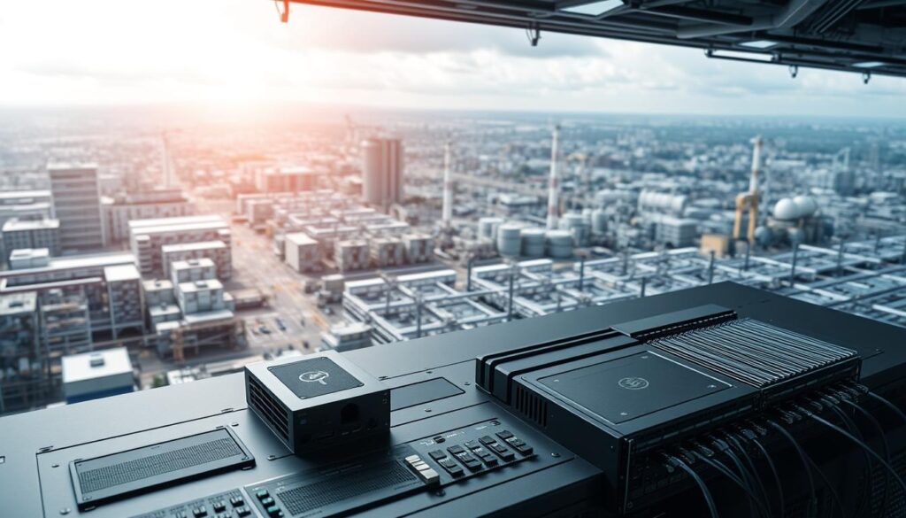 A sleek, high-tech edge security system, showcasing an array of advanced components. In the foreground, a central control hub with biometric sensors and encrypted data ports. Behind it, a grid of interconnected network nodes, secured by robust firewalls and intrusion detection systems. In the background, a cityscape of industrial facilities, with the edge server providing a secure perimeter around the sensitive operations. Crisp, clean lighting illuminates the scene, conveying a sense of technological prowess and unwavering protection. Captured through a wide-angle lens, the image exudes a professional, industrial aesthetic that aligns with the "Enhanced Security at the Local Level" concept.