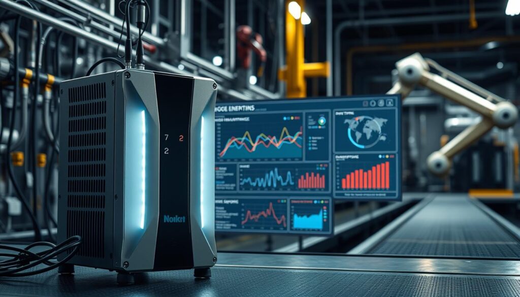 A sleek, industrial edge computing device stands prominently in the foreground, its metal casing gleaming under bright LED lighting. The device is surrounded by a network of sensors and cables, conveying a sense of interconnectivity and real-time data monitoring. In the middle ground, a digital dashboard displays intricate graphs and charts, visualizing predictive maintenance analytics and incident response data. The background is a dimly lit, futuristic factory setting, with robotic arms and conveyor belts subtly visible, hinting at the broader industrial context. The overall scene conveys a sense of technological sophistication, proactive maintenance, and the power of edge computing to enable rapid, informed decision-making.