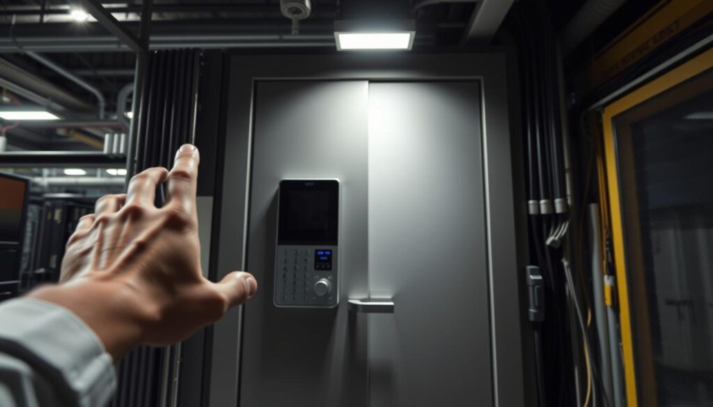 An industrial facility's cybersecurity access control system, featuring a secure door with a biometric fingerprint scanner and keypad. Bright overhead lighting illuminates the scene, casting sharp shadows. In the foreground, a hand reaches towards the scanner, symbolizing the process of authentication. The middle ground showcases the door's robust construction, with a sleek, minimalist design. In the background, a network of cables and devices hint at the underlying infrastructure powering the access control system. The overall atmosphere conveys a sense of high-tech security and industrial efficiency. An industrial facility's cybersecurity access control system, featuring a secure door with a biometric fingerprint scanner and keypad. Bright overhead lighting illuminates the scene, casting sharp shadows. In the foreground, a hand reaches towards the scanner, symbolizing the process of authentication. The middle ground showcases the door's robust construction, with a sleek, minimalist design. In the background, a network of cables and devices hint at the underlying infrastructure powering the access control system. The overall atmosphere conveys a sense of high-tech security and industrial efficiency.