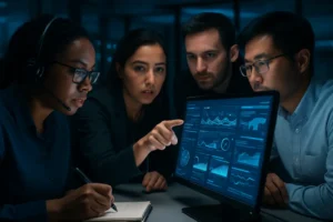 AI cybersecurity resilience dashboard monitored by analysts in a security operations room