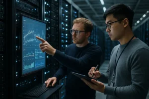 AI data center energy monitoring screens beside server racks and cooling equipment