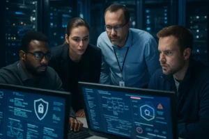 AI data center security review in a server room with engineers checking infrastructure controls