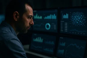 AI Energy Infrastructure control room with grid data displayed on operator workstations