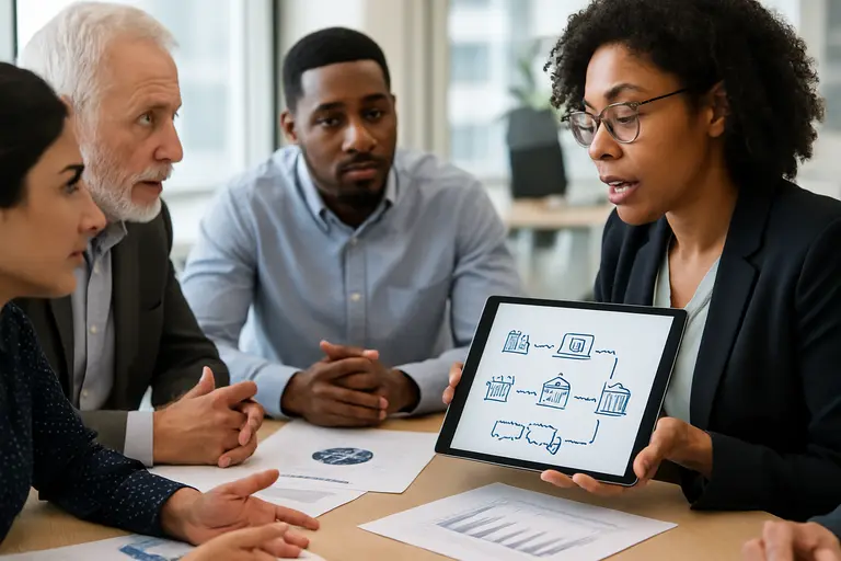 Engineers reviewing software dependency diagrams in a utility operations room