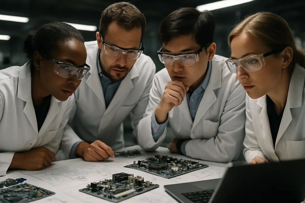 FCC Supply-Chain Rules review with circuit boards and compliance documents on a workbench