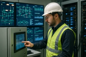 OT Energy Security control room with power grid monitoring screens and protected industrial equipment