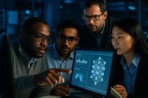 Watt's Law shown through server racks, power cables, and cooling equipment in an AI data center