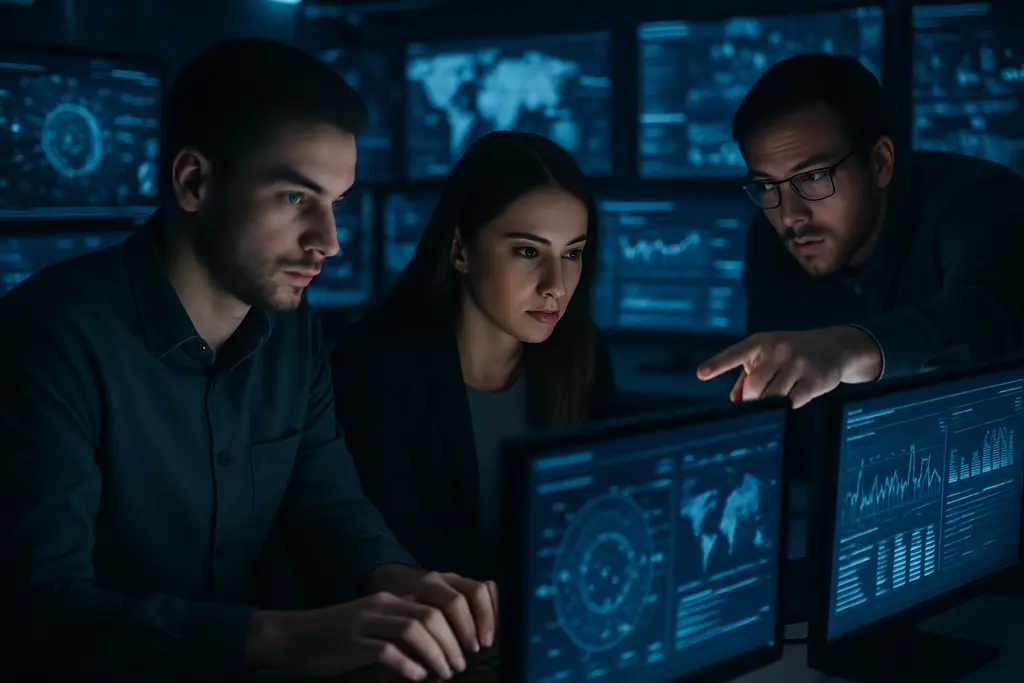 AI security evaluations control room with isolated servers and monitoring dashboards