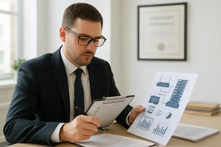 Security analyst checking an infrastructure checklist near server racks