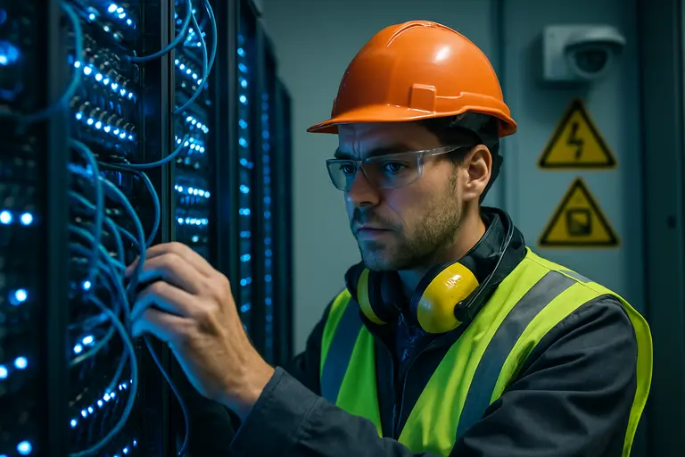 Technician checking cooling and power equipment in a secure data hall