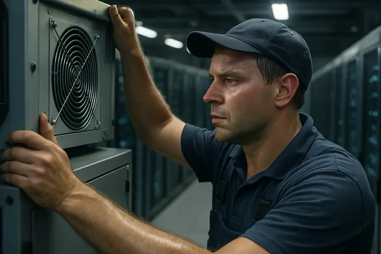 Technician inspecting cooling and power systems in a server room