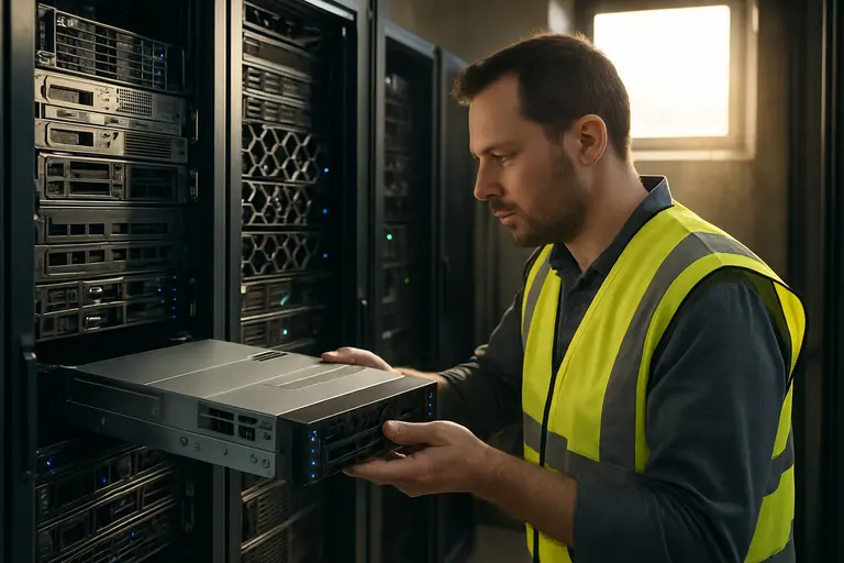 Engineer mapping rack rows and cable routes before infrastructure upgrades