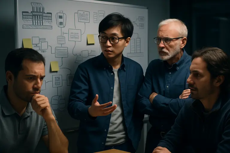 Engineers review semiconductor design data during a security meeting