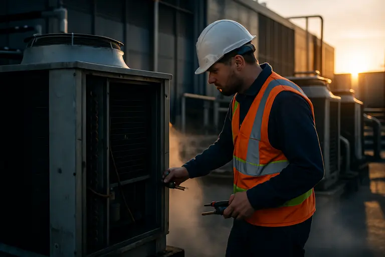 Technician inspecting cooling pipes and power cabinets in a data center