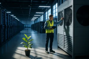 clean energy policies dashboard beside servers and power grid controls