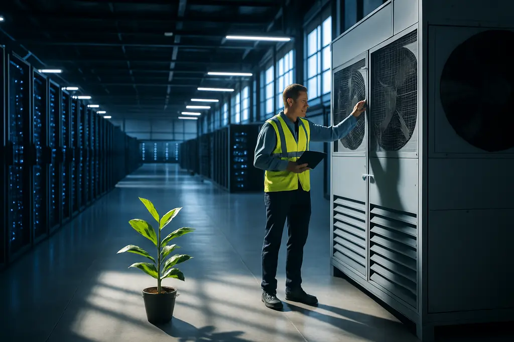 clean energy policies dashboard beside servers and power grid controls