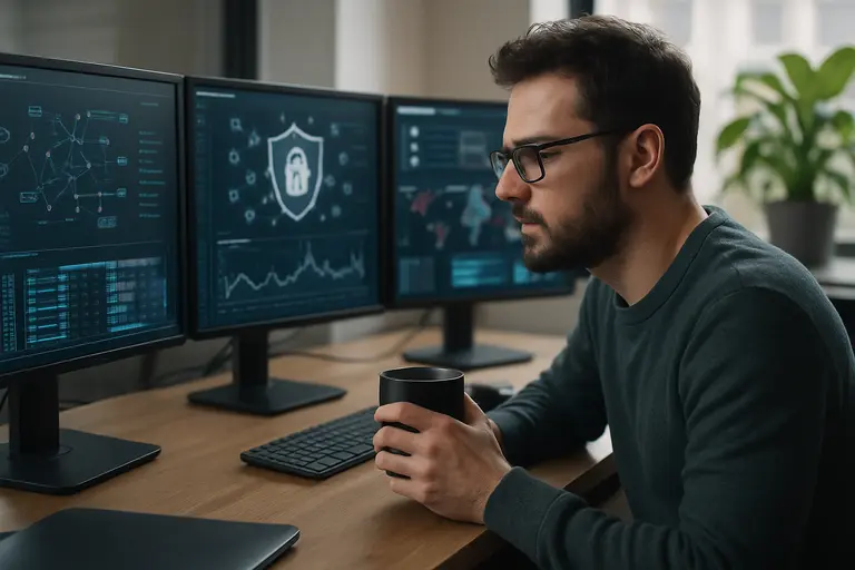 Data center operator reviewing monitoring dashboards beside server racks
