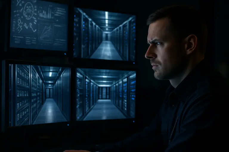 Technician inspecting locked electrical control cabinets in a secure room