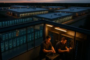 AI Data Center Energy dashboard with servers, grid lines, and electricity demand charts