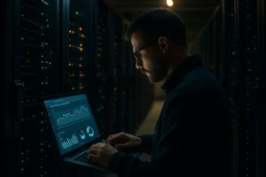 AI data center energy monitoring screens in a server operations room
