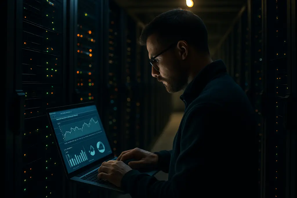 AI data center energy monitoring screens in a server operations room