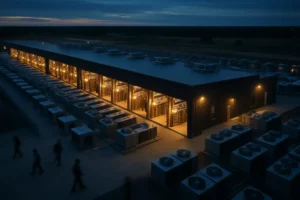 AI Data Center Energy equipment with server racks and overhead power distribution
