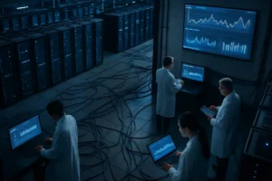 Data Center Energy planning dashboard beside server racks and grid equipment