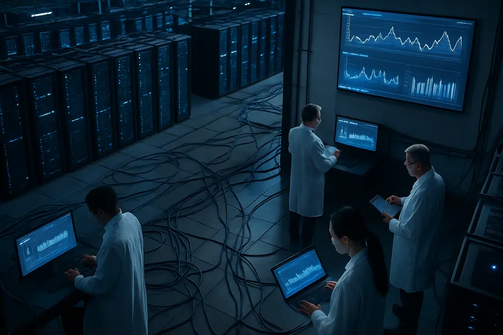 Data Center Energy planning dashboard beside server racks and grid equipment