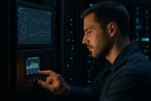 Data center energy control room with grid demand charts and server infrastructure