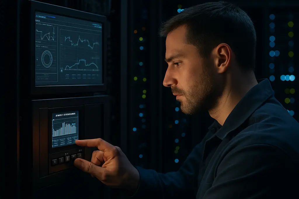 Data center energy control room with grid demand charts and server infrastructure