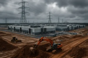 data center expansion site with utility lines, substations, and cooling equipment