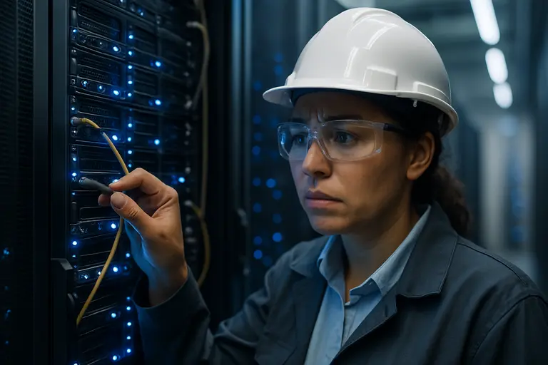Data center technician inspecting battery and power distribution equipment