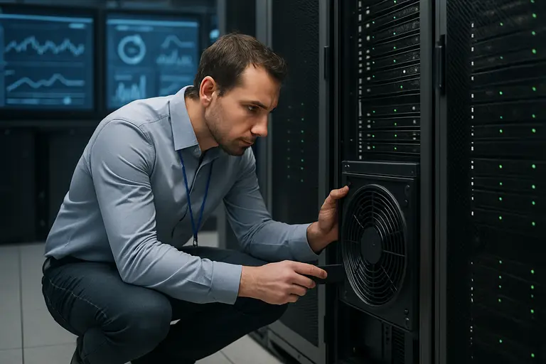 Dense AI server racks with cooling pipes and power cables