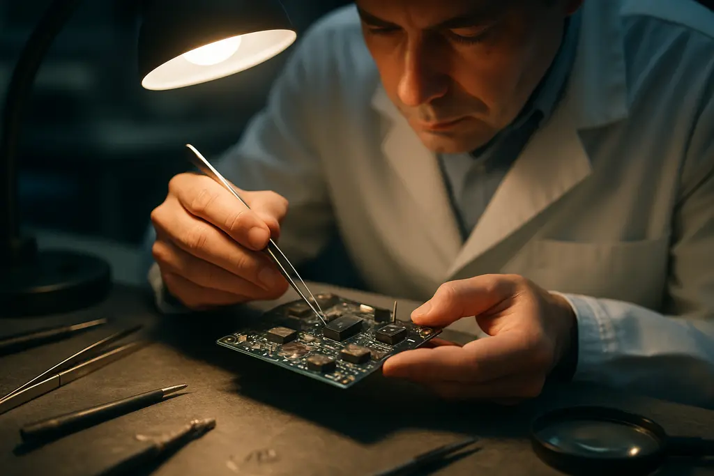 Engineer reviewing logic-bearing components on a communications device board