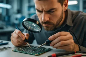 NIST Hardware Security review with circuit boards and compliance documents on a lab bench