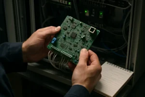 Engineer reviewing PLC Patch Management status on an industrial control workstation