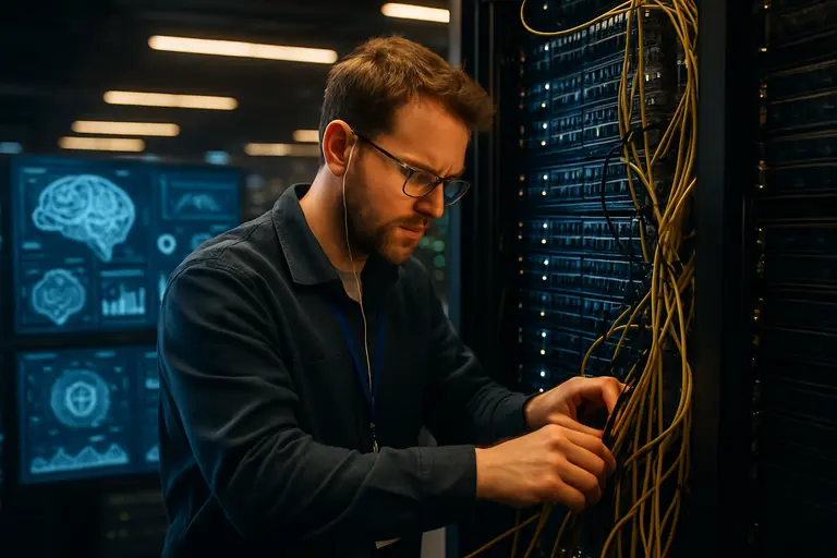 Rows of server racks connected to cooling and power distribution equipment