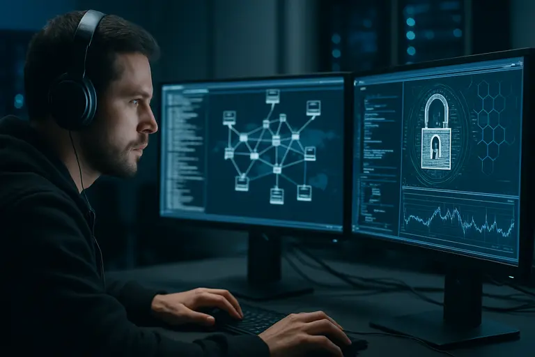 Security team reviewing networked device connections in an operations center