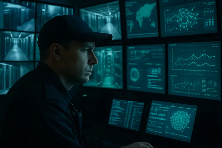 Technician inspecting electrical cabinets in a secure equipment room